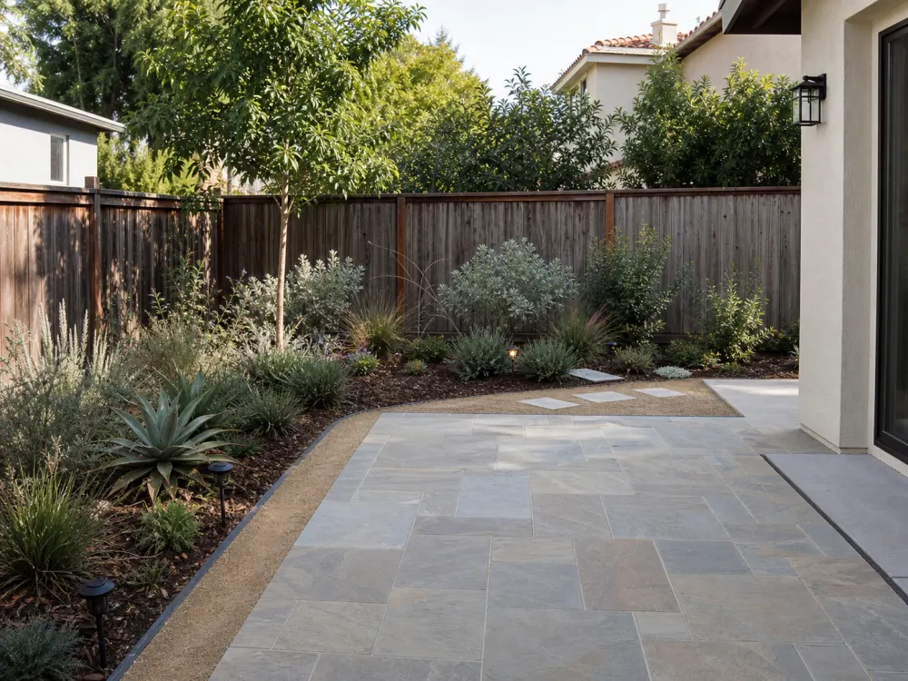 After view of a small backyard corner with stone patio, decomposed granite, and low-water planting