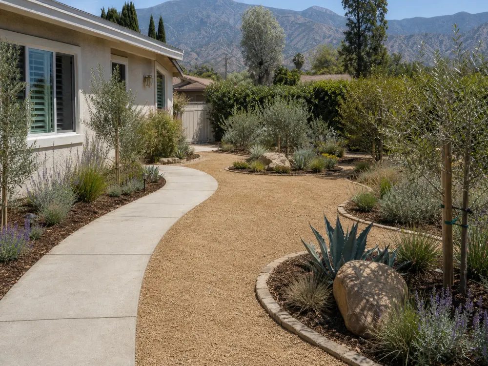 After view of the same style front yard refreshed with gravel, stone edging, and drought-conscious planting