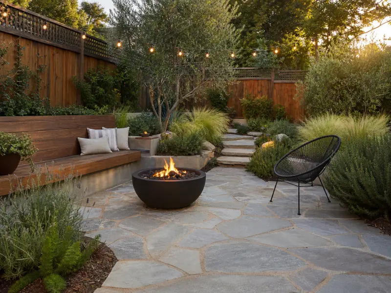 Backyard patio with stone pavers, wood bench, fire bowl, string lights, and drought-tolerant planting
