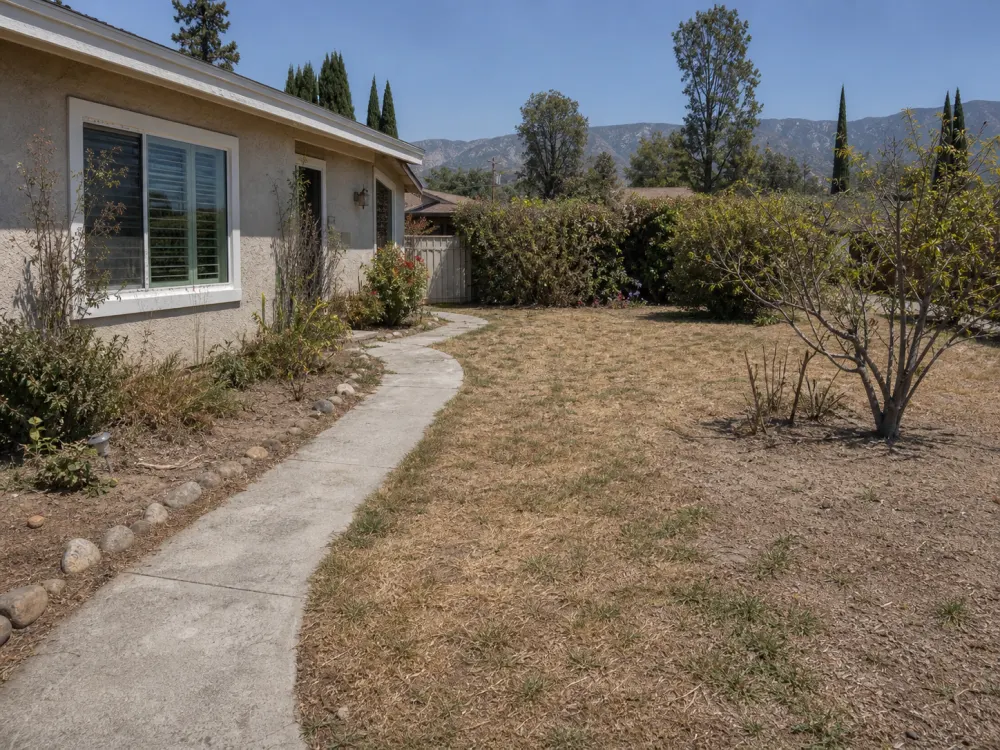 Before view of a dry Pomona front yard with patchy lawn, tired shrubs, and a worn walkway