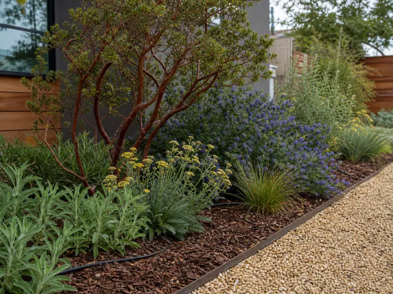 California native planting bed with manzanita, sage, yarrow, gravel path, and drip irrigation