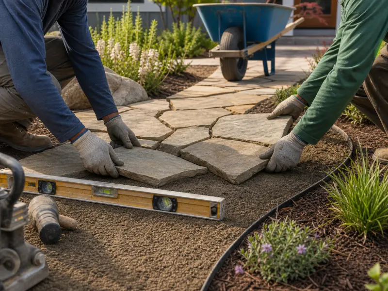 Landscaping crew hands setting natural stone pavers beside planting beds and a level